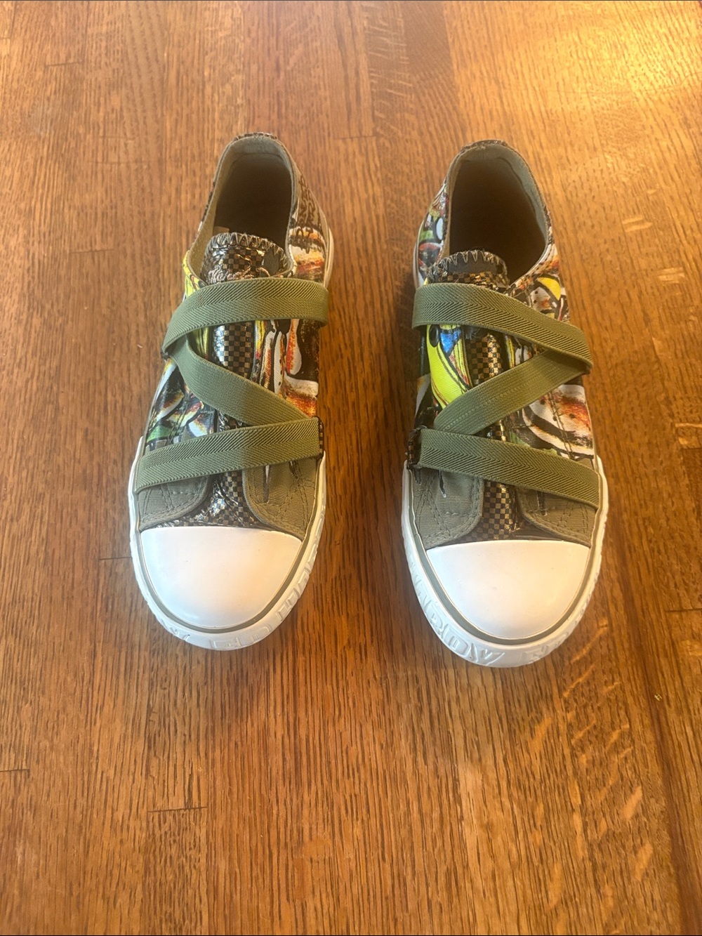 Ed Hardy Kids Olive Green Graphic Slip-On Sneakers with White Toe Caps